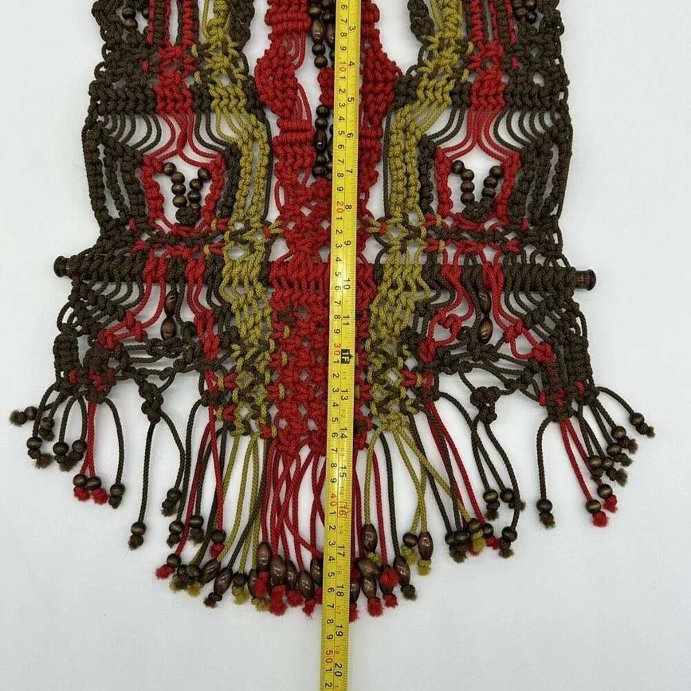 Macrame Wall Hanging Boho Wood Rod Green Red Brown Beads Striped Rope Art Nylon